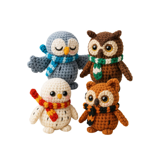 Four crochet owls with scarves on a white background