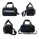 Black quilted duffel bag with shoulder strap on a white background