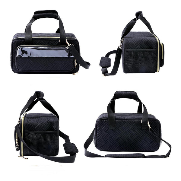 Black quilted duffel bag with shoulder strap on a white background