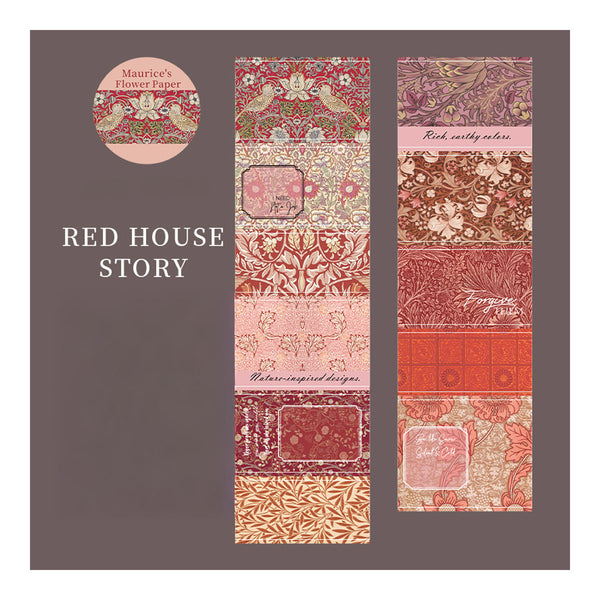 Packaging of Red House Story paper with floral patterns on a brown background