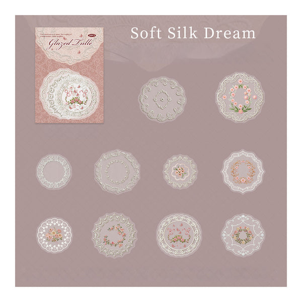 Collection of soft silk dream designs on a gray background with a sample card.