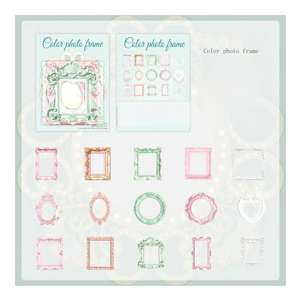 Collection of colorful photo frames on a light blue background