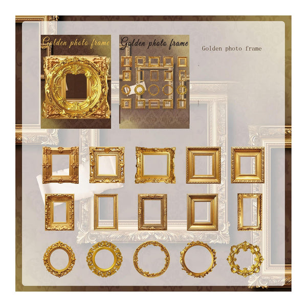 Collection of gold photo frames on a white background