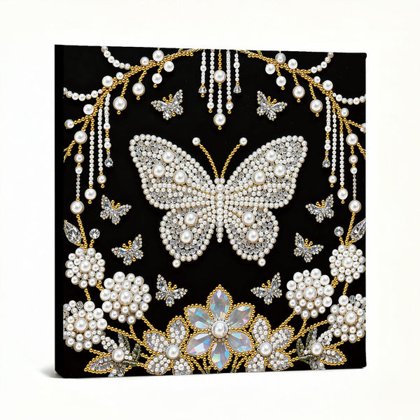 Decorative panel with butterflies, pearls, and flowers on a black background