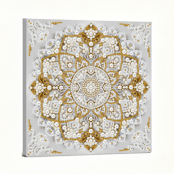 Decorative wall art with gold and white floral patterns on a gray background