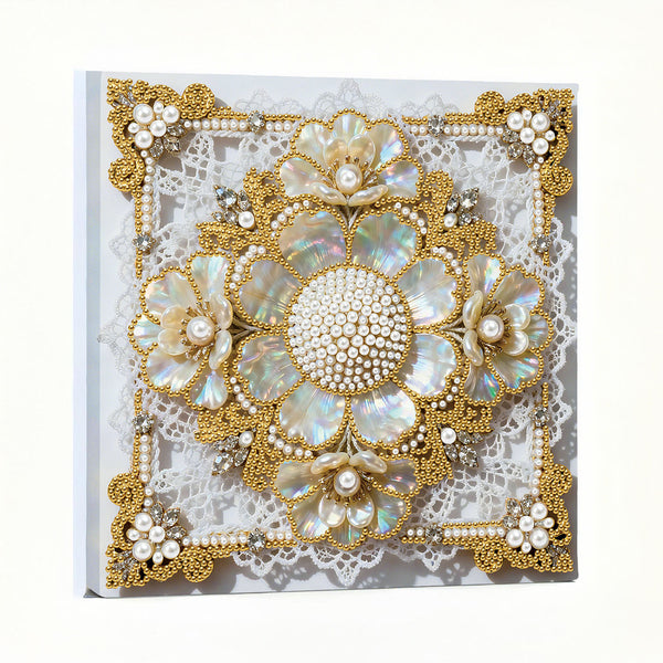 Decorative card with floral embellishments and pearl details on a white background