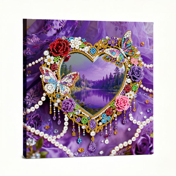 Decorative heart-shaped frame with colorful beads, flowers, and butterflies on a purple background