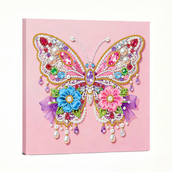 Decorative butterfly with colorful gems and flowers on a pink background