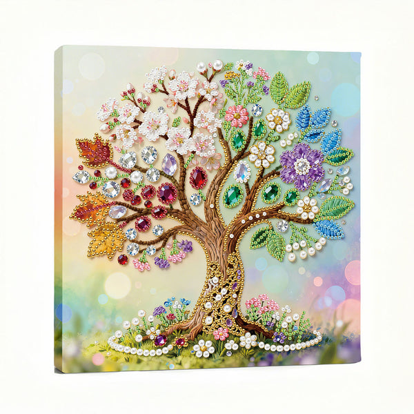 Decorative wall art of a tree with colorful gemstones on a white background