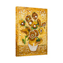 Decorative sunflower painting with bead embellishments on a yellow background