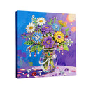 Decorative painting of a vase with a bouquet of flowers on a blue and purple background