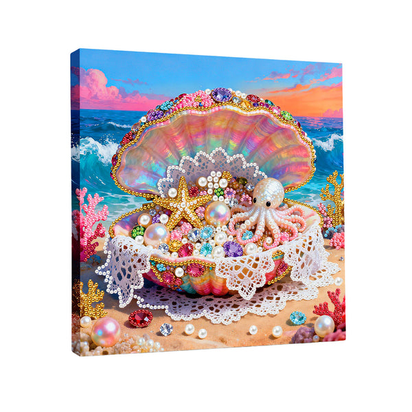 Decorative wall art with a colorful shell and octopus on a beach background