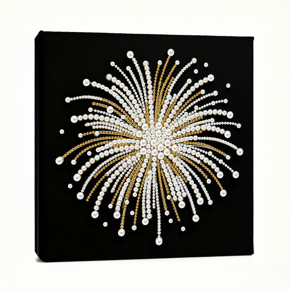 Decorative wall art with pearl and gold design on a black background
