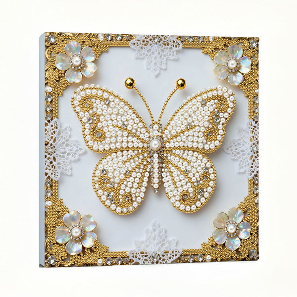 Decorative wall art with a butterfly made of pearls and flowers on a white background