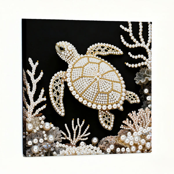 Decorative panel with a turtle design made of pearls and beads on a black background