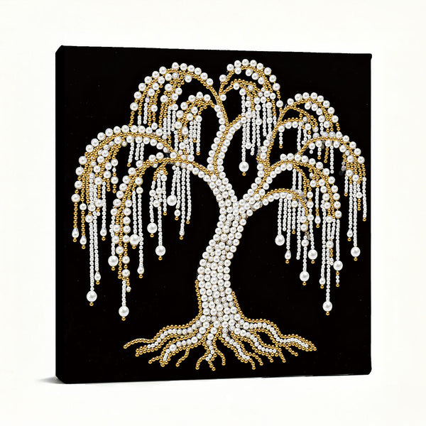 Decorative wall art of a tree made from pearls and gold beads on a black background