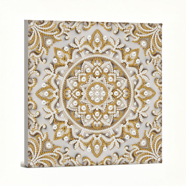 Decorative wall art with gold and white intricate pattern on a light background