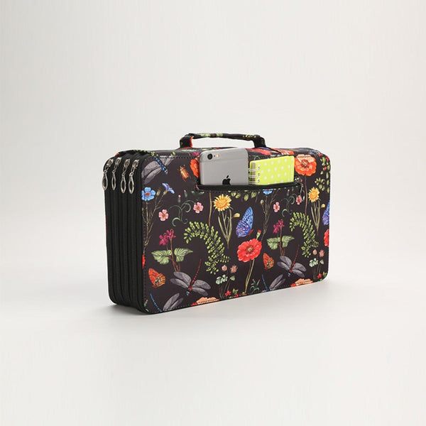 Floral-patterned case with a phone inside on a light gray background