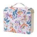 A rectangular vanity case with a floral print, featuring a top handle, zippered compartments, and a cream-colored exterior on a white background.
