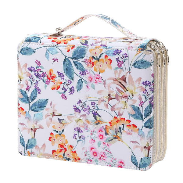 A rectangular vanity case with a floral print, featuring a top handle, zippered compartments, and a cream-colored exterior on a white background.