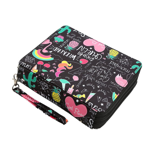 A zippered wallet with a wristlet strap, featuring a black background covered in colorful tropical and party-themed doodles and text like 'Party Queen', 'WEEKEND', and 'Gel Party'.