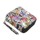 A square zippered coin purse with a colorful graffiti-style cartoon print, featuring a matching wristlet strap and black zipper trim, shown on a plain white background.