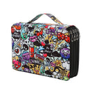 A rectangular zippered lunch bag with a colorful graffiti-style cartoon print, featuring a top carry handle and black zippers on the right side, shown against a plain white background.