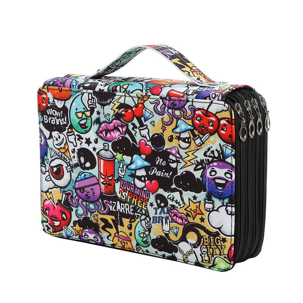 A rectangular zippered lunch bag with a colorful graffiti-style cartoon print, featuring a top carry handle and black zippers on the right side, shown against a plain white background.