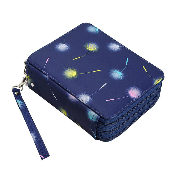 A navy blue zippered wallet or organizer case with a wrist strap, decorated with a colorful dandelion print on a white background.