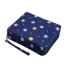 A navy blue zippered pouch with a wrist strap, decorated with a colorful dandelion print in yellow, pink, and light blue, shown on a plain white background.