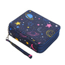 A zippered pouch with a wrist strap, decorated with a colorful space pattern featuring stars, planets, and moons on a dark navy blue background.