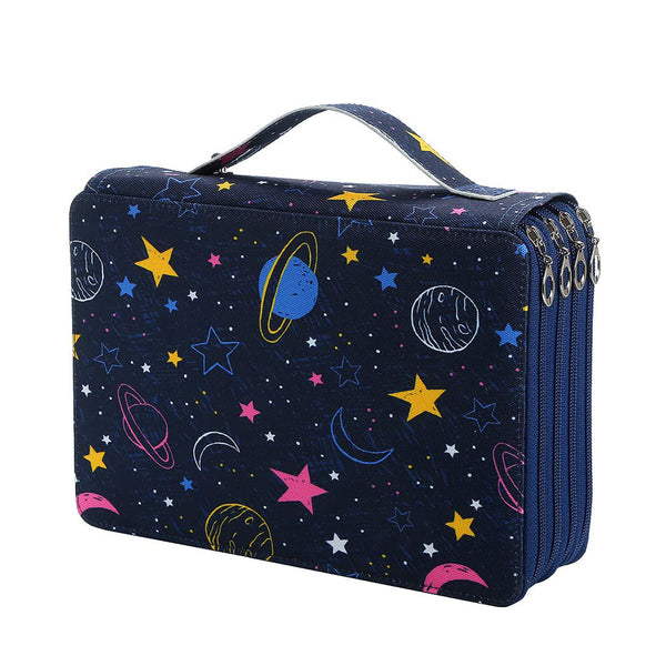 A rectangular zippered lunch bag or organizer case with a dark navy blue space print featuring colorful stars, planets, and moons, complete with a top carry handle and silver zipper pulls, shown on a plain white background.