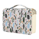 A rectangular zippered cosmetic bag with a top handle, featuring a colorful botanical and feather pattern on a white background, with cream-colored zippers and gold-tone hardware.