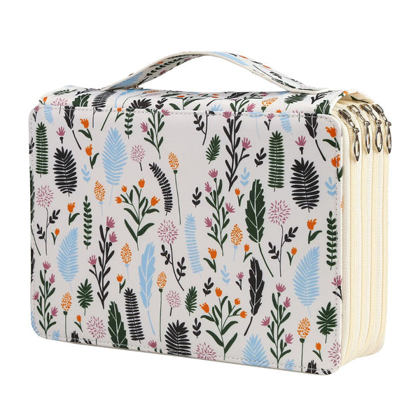 A rectangular zippered cosmetic bag with a top handle, featuring a colorful botanical and feather pattern on a white background, with cream-colored zippers and gold-tone hardware.