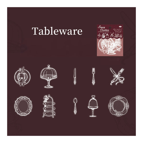 Collection of tableware illustrations on a dark background with 'Tableware' text.
