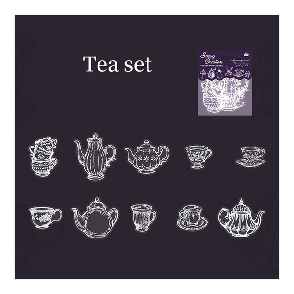 Black tea towel with white tea set illustrations and Savvy Creations logo.