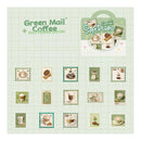 Packaging of Green Mail Coffee Garden Soft Plush with illustrations on a grid background