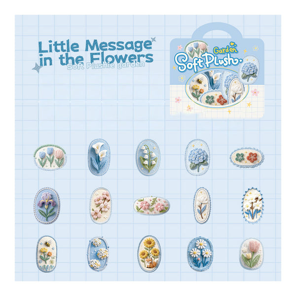 Packaging of 'Little Message in the Flowers' soft plush toy with floral designs on a blue grid background.