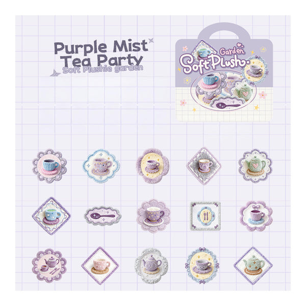 Purple Mist Tea Party soft plush toy set packaging on a grid background