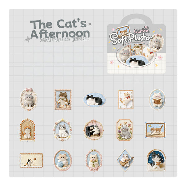 Collection of cat-themed soft plushies with packaging on a grid background