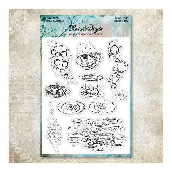 Clear stamp set with water droplet designs on a textured background