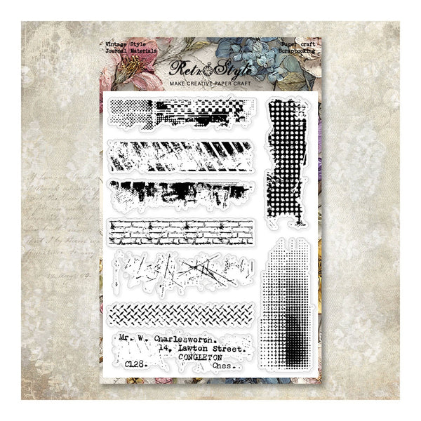 Sheet of vintage-style design elements on a textured background
