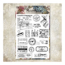 Sheet of clear stamps with vintage travel-themed designs on a textured background