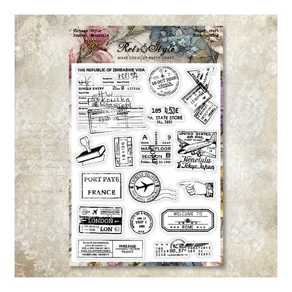 Sheet of clear stamps with vintage travel-themed designs on a textured background