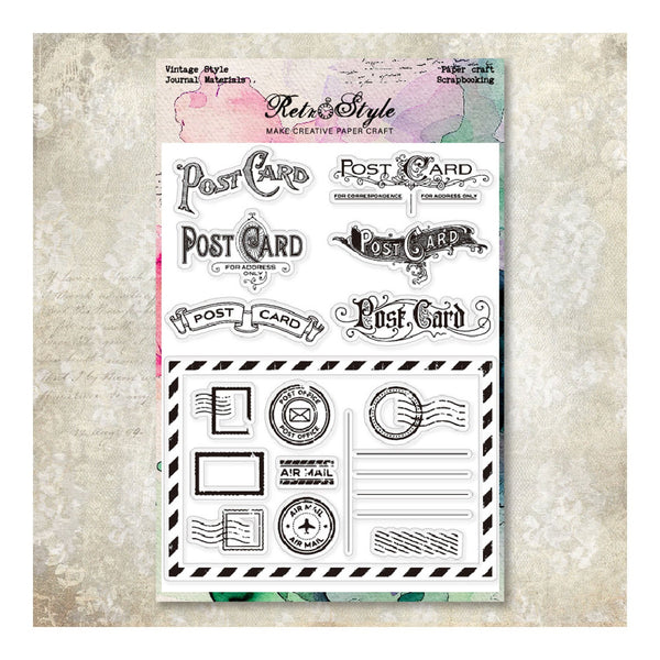 Sheet of clear stamps with vintage-style postcard and envelope designs on a textured background.