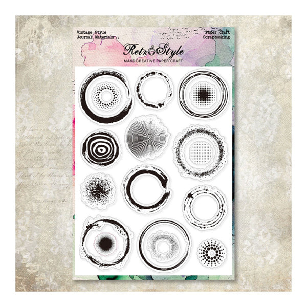 Packaging of circular design stamps with 'Retro Style' branding on a textured background.