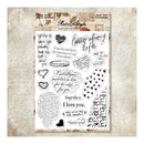 Sheet of transparent stamps with romantic phrases and hearts on a textured background