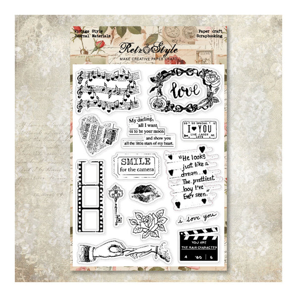 Collection of clear stamps with various designs on a textured background
