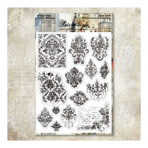 Sheet of decorative stamps with vintage-style designs on a textured background