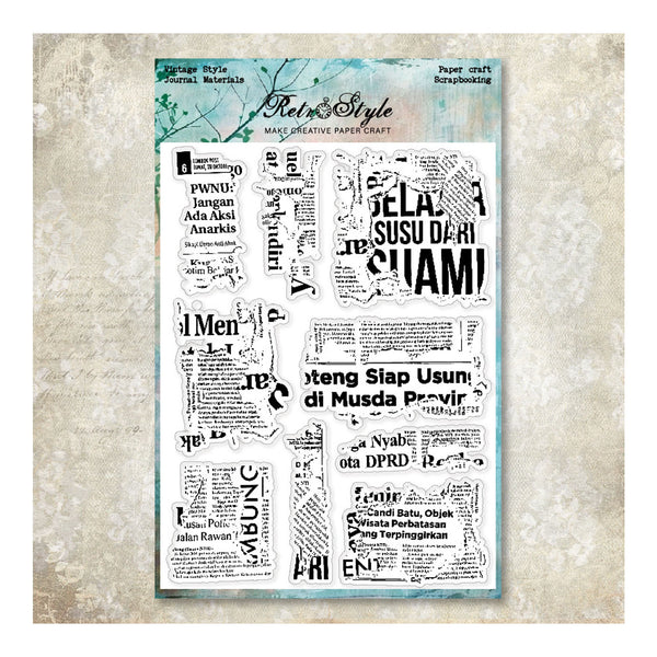 Sheet of retro-style newspaper clippings with text on a textured beige background